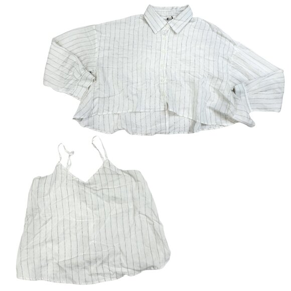 31 Fashion Linen Striped Cream Off White Set Long Sleeve Button Up Tank Top Crop - Picture 1 of 15